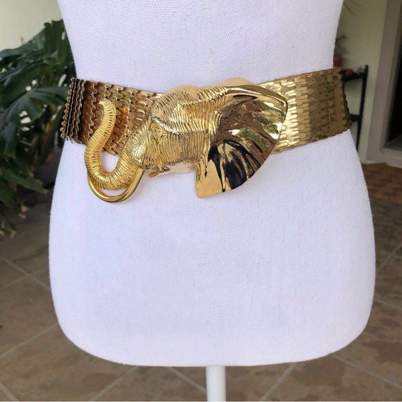 Accessory Accent Accessories - Vintage Accessory Accent NYC Gold Scale Stretch Belt with Elephant Head Buckle